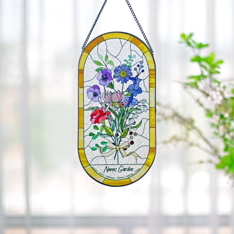 Personalized Stained Glass Window Hangings Personalized Birth Flower Gift Mothers Day Christmas Gift  FHC51141