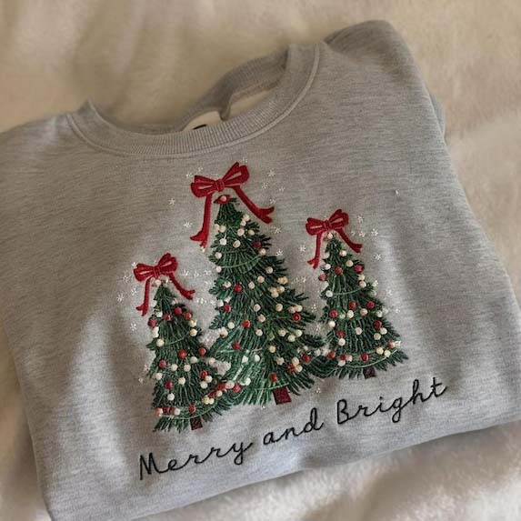 Merry and Bright Embroidered sweatshirts Christmas Tree Sweater HCMD0368