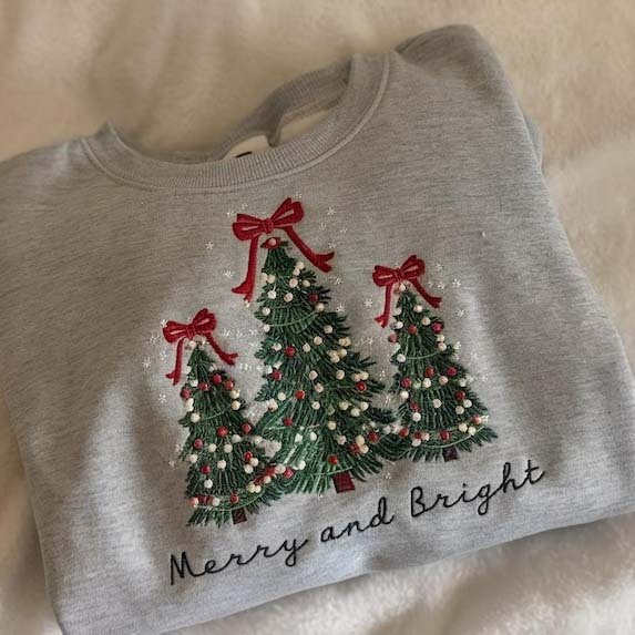 Merry and Bright Embroidered sweatshirts Christmas Tree Sweater HCMD0368