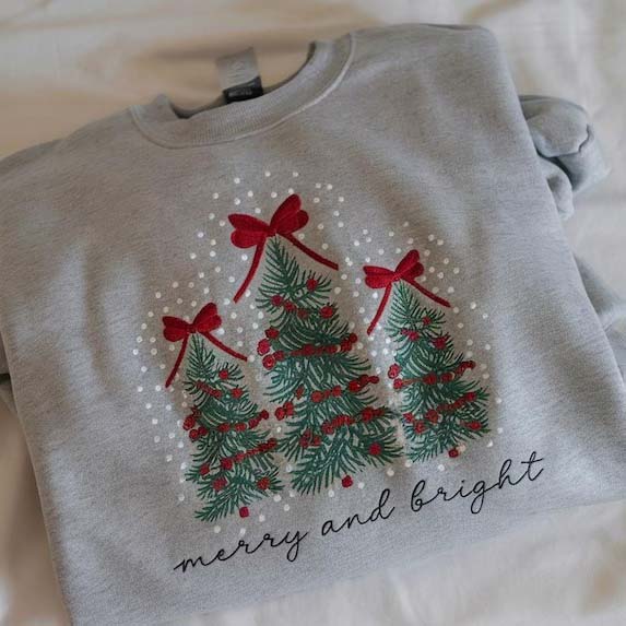 Merry and Bright Embroidered sweatshirts Christmas Tree Sweater HCMD0368