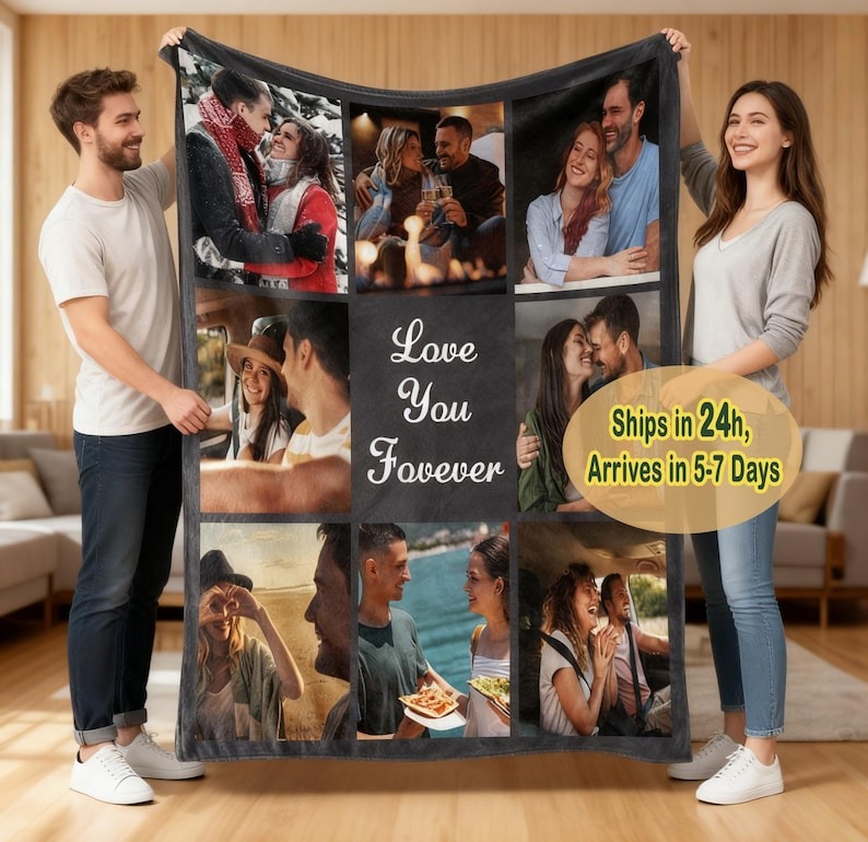 Personalized Photo Collage Blankets for Adults with Text Christmas Gift