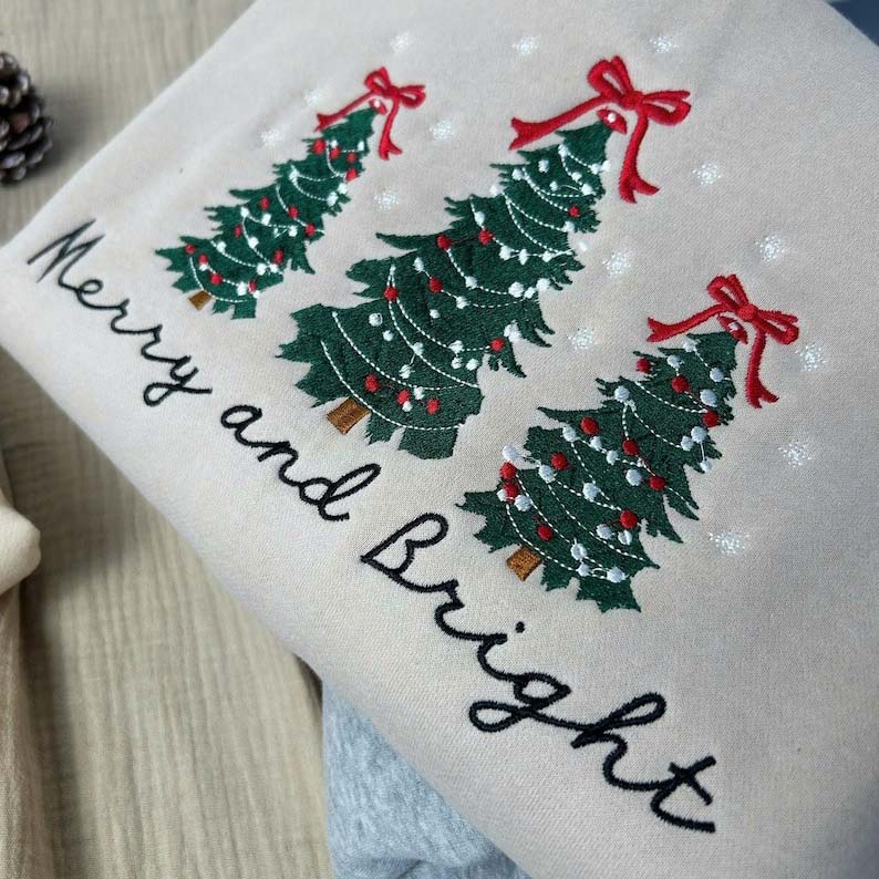 Merry and Bright Embroidered sweatshirts Christmas Tree Sweater HCMD0368