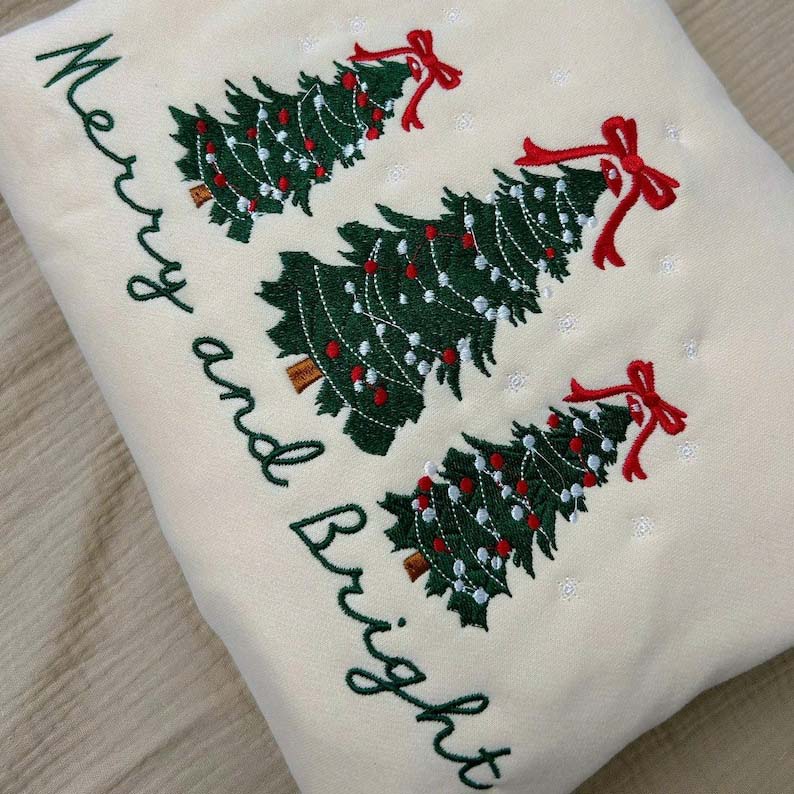 Merry and Bright Embroidered sweatshirts Christmas Tree Sweater HCMD0368