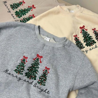 Merry and Bright Embroidered sweatshirts Christmas Tree Sweater HCMD0368
