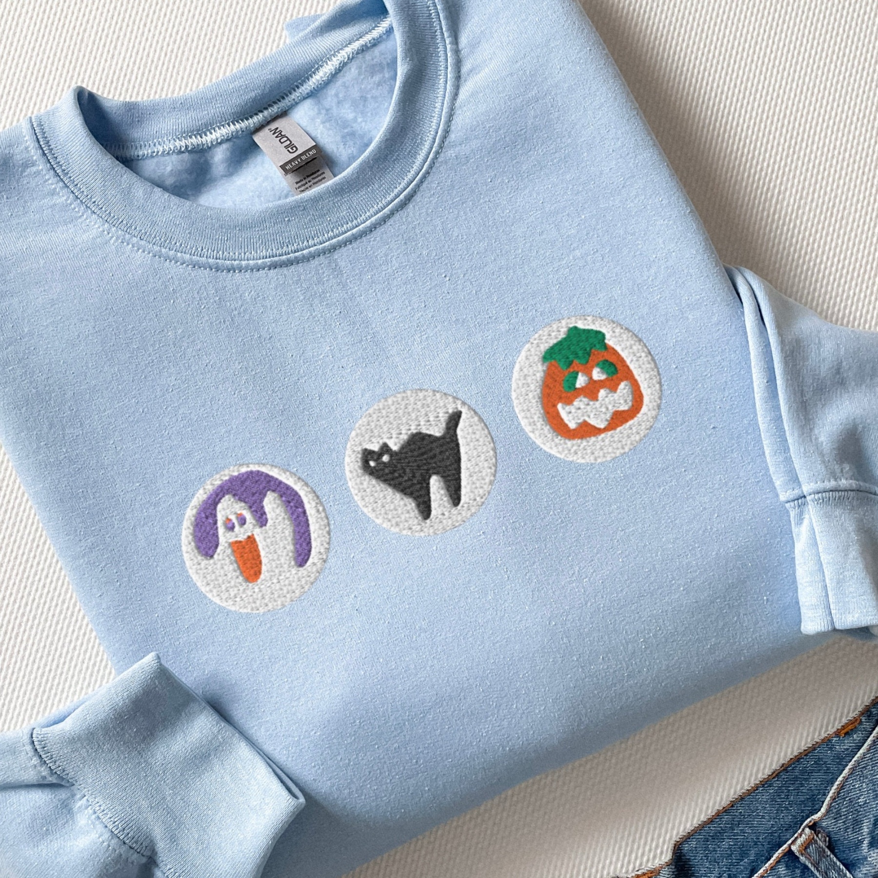 Halloween Sugar Cookie Embroidered Sweatshirt – Spooky Season Crewneck with Cat, Pumpkin, Boo & Ghost Design