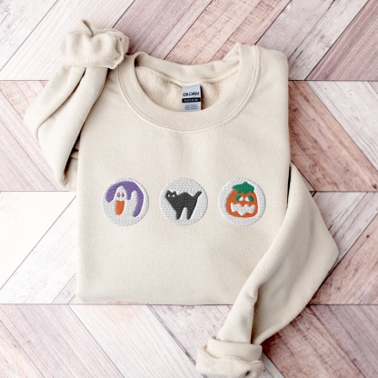 Halloween Sugar Cookie Embroidered Sweatshirt – Spooky Season Crewneck with Cat, Pumpkin, Boo & Ghost Design