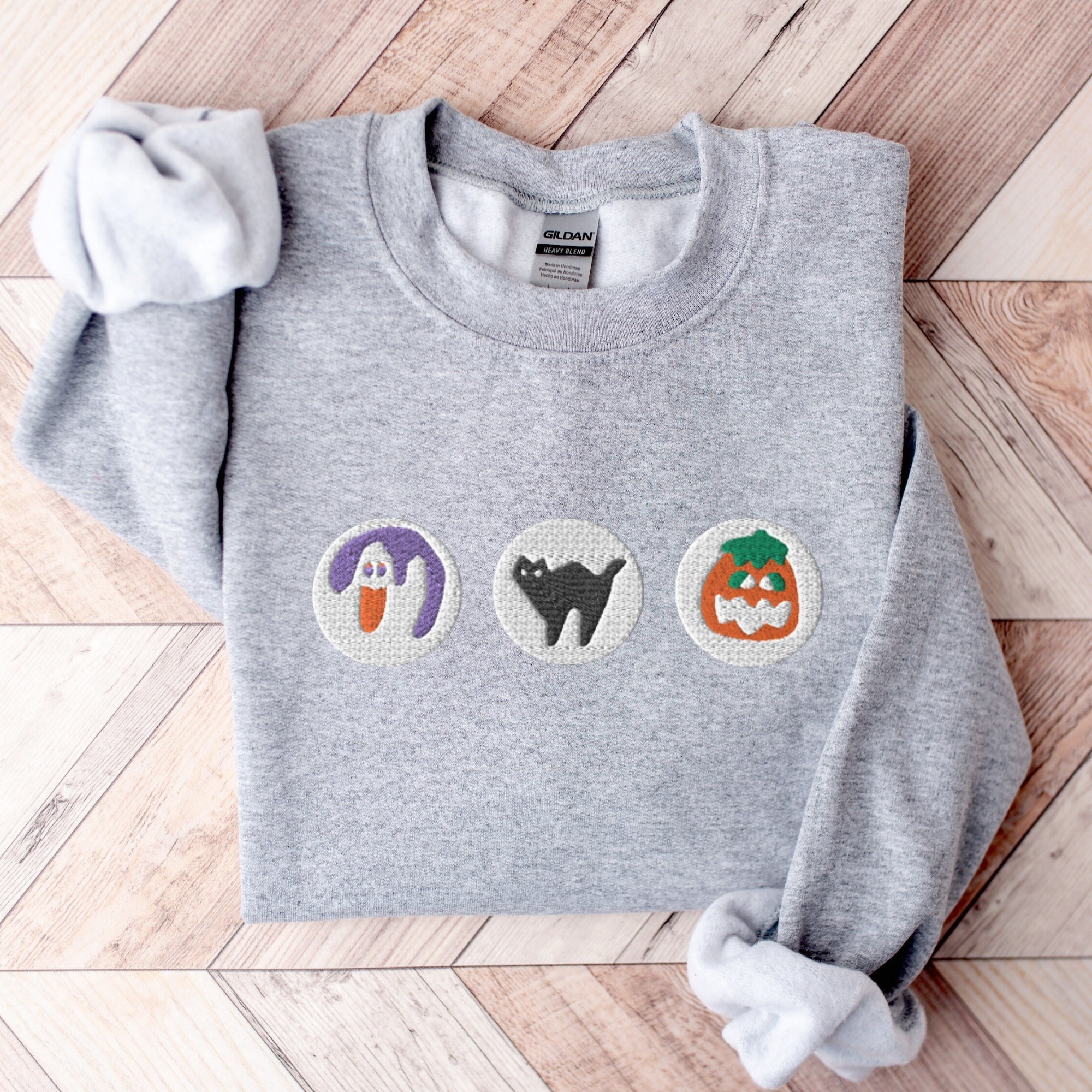Halloween Sugar Cookie Embroidered Sweatshirt – Spooky Season Crewneck with Cat, Pumpkin, Boo & Ghost Design