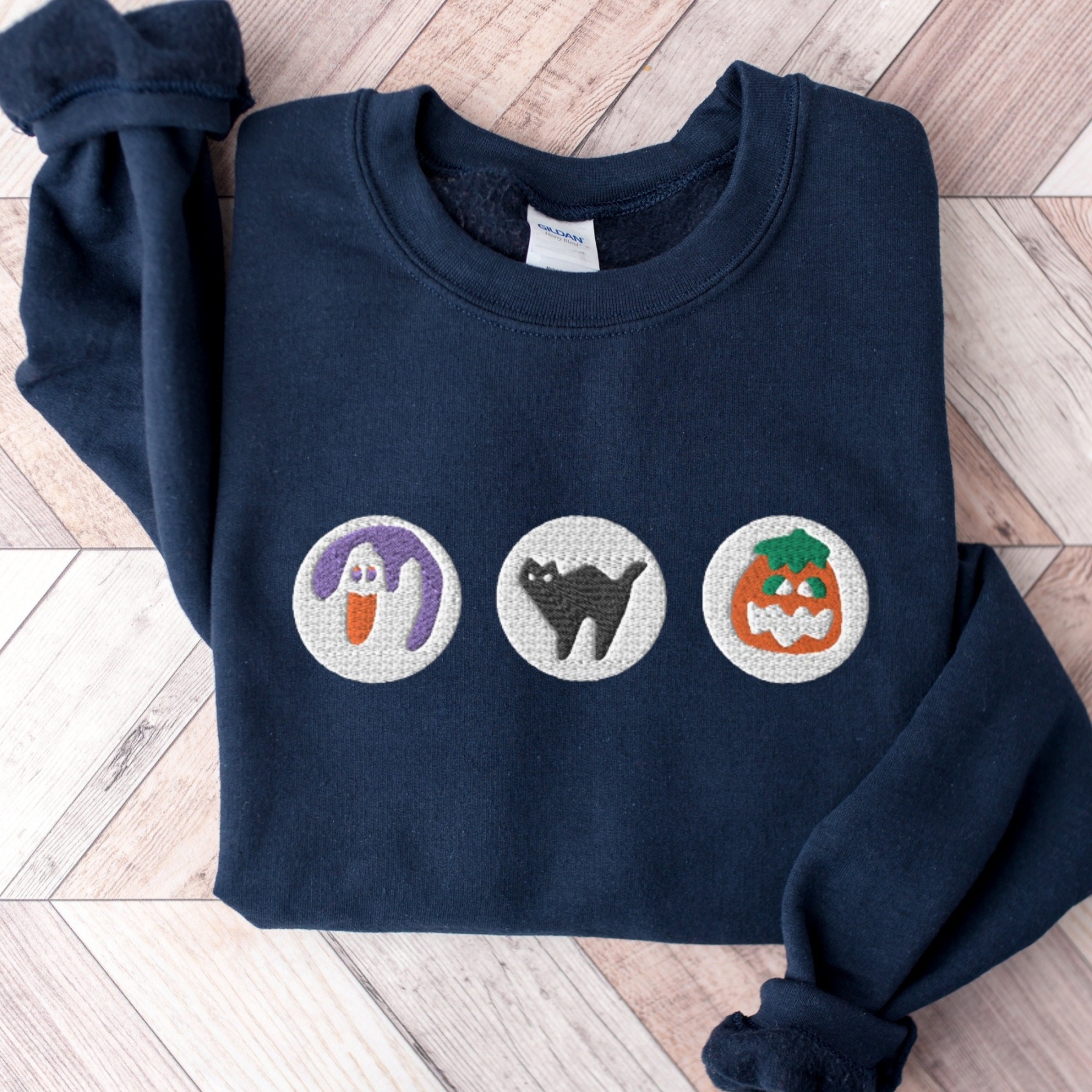 Halloween Sugar Cookie Embroidered Sweatshirt – Spooky Season Crewneck with Cat, Pumpkin, Boo & Ghost Design