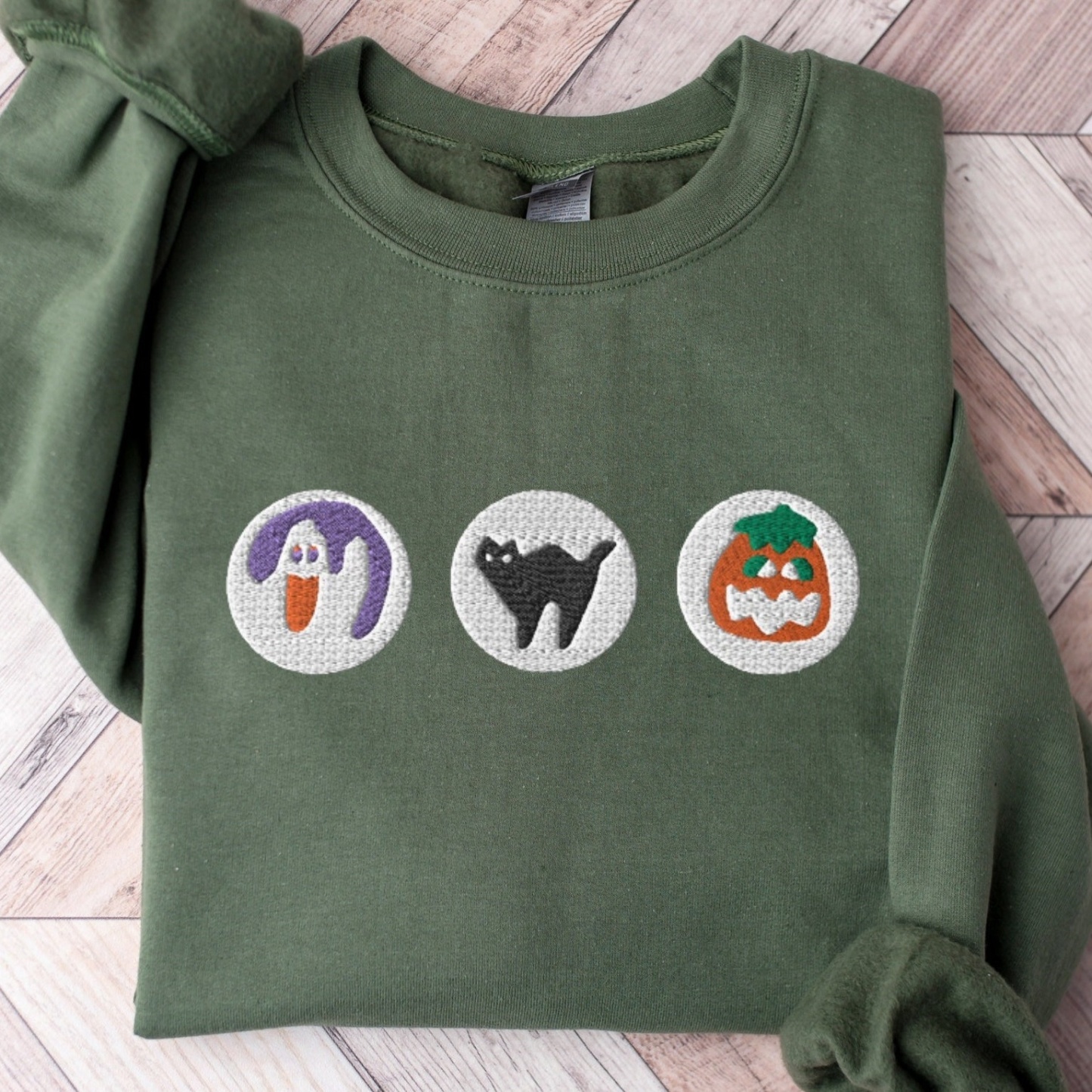 Halloween Sugar Cookie Embroidered Sweatshirt – Spooky Season Crewneck with Cat, Pumpkin, Boo & Ghost Design