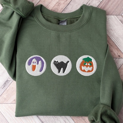 Halloween Sugar Cookie Embroidered Sweatshirt – Spooky Season Crewneck with Cat, Pumpkin, Boo & Ghost Design