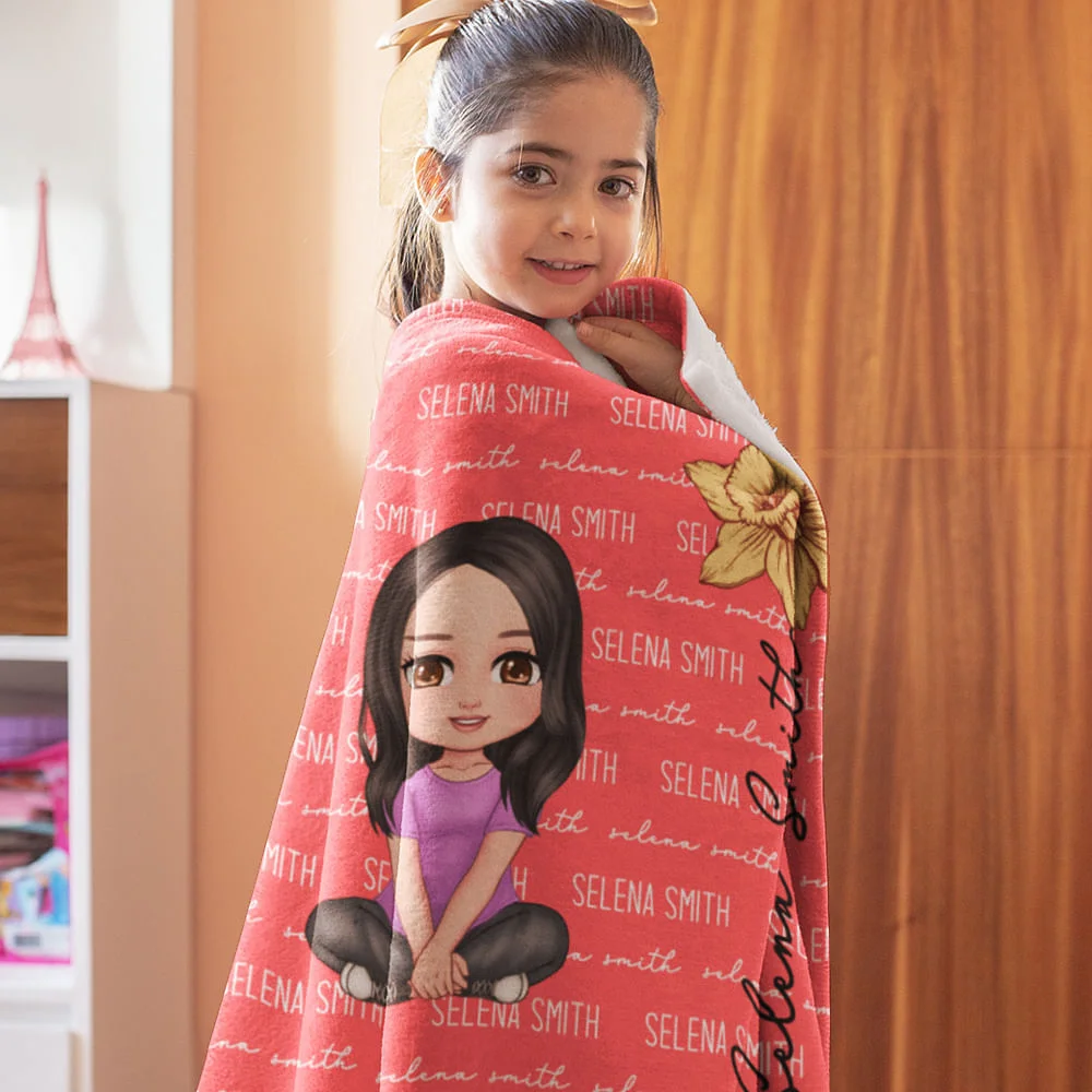 Personalized Multicolor Cute Cartoon Birth Flower Soft Throw Blanket with Name Birthday Christmas Gift for Boys Girls