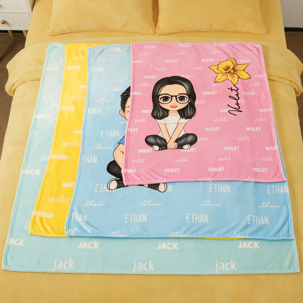 Personalized Multicolor Cute Cartoon Birth Flower Soft Throw Blanket with Name Birthday Christmas Gift for Boys Girls