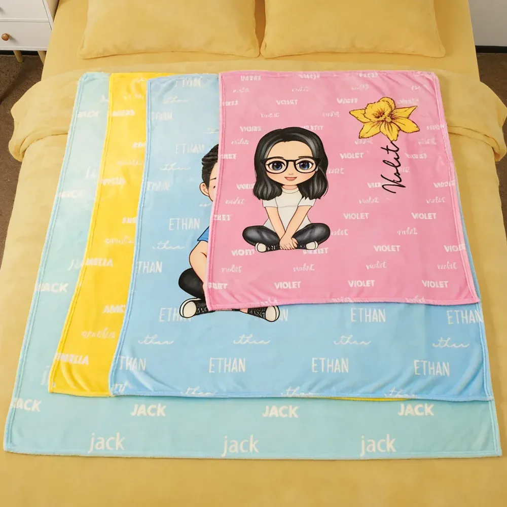 Personalized Multicolor Cute Cartoon Birth Flower Soft Throw Blanket with Name Birthday Christmas Gift for Boys Girls