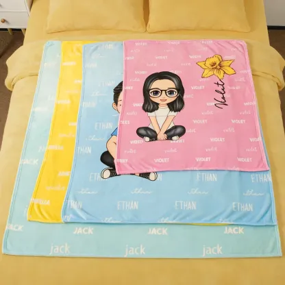 Personalized Multicolor Cute Cartoon Birth Flower Soft Throw Blanket with Name Birthday Christmas Gift for Boys Girls