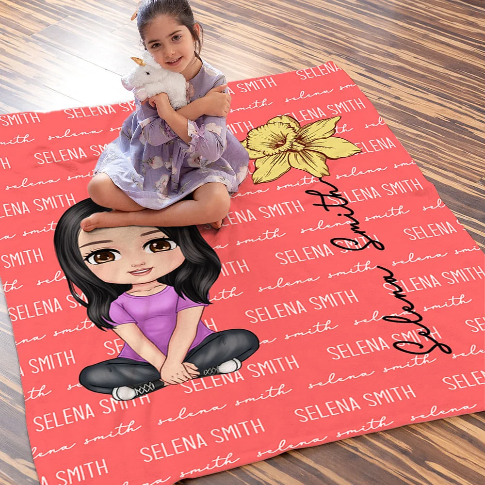 Personalized Multicolor Cute Cartoon Birth Flower Soft Throw Blanket with Name Birthday Christmas Gift for Boys Girls