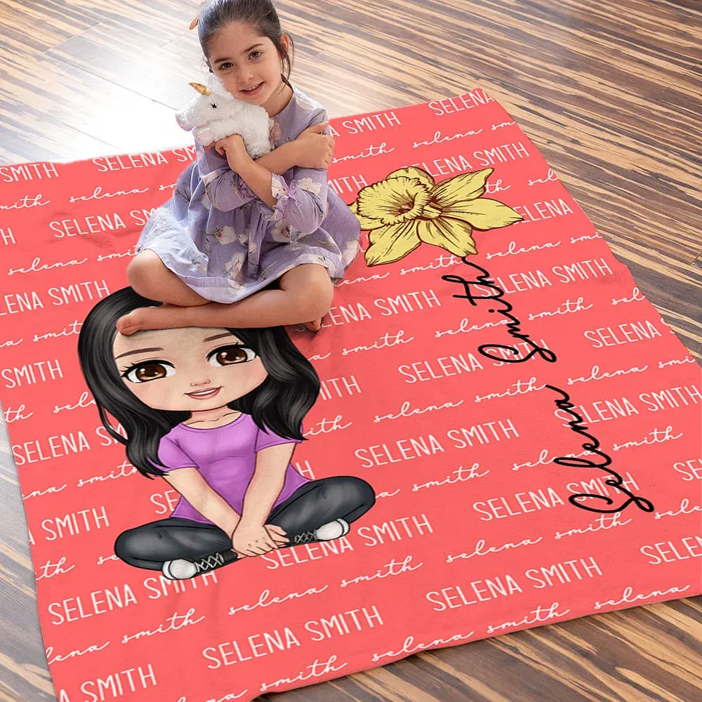 Personalized Multicolor Cute Cartoon Birth Flower Soft Throw Blanket with Name Birthday Christmas Gift for Boys Girls
