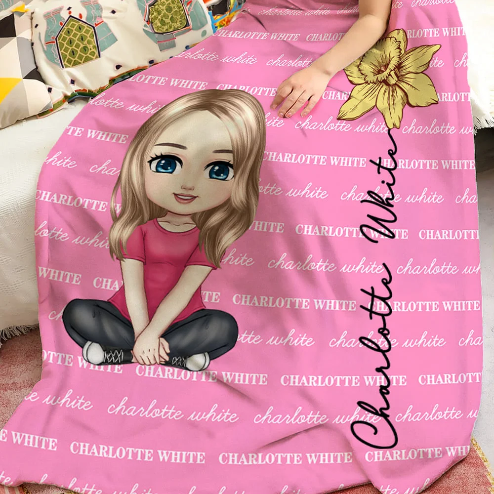 Personalized Multicolor Cute Cartoon Birth Flower Soft Throw Blanket with Name Birthday Christmas Gift for Boys Girls