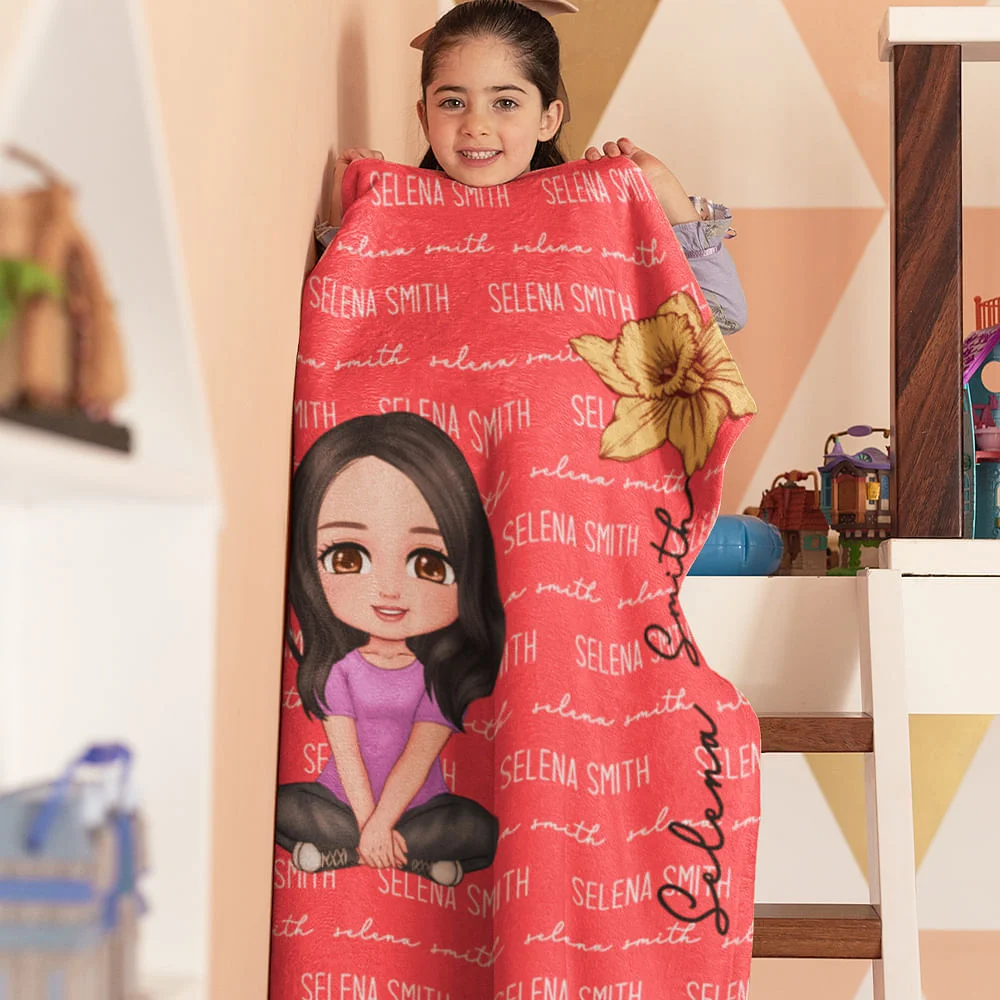Personalized Multicolor Cute Cartoon Birth Flower Soft Throw Blanket with Name Birthday Christmas Gift for Boys Girls