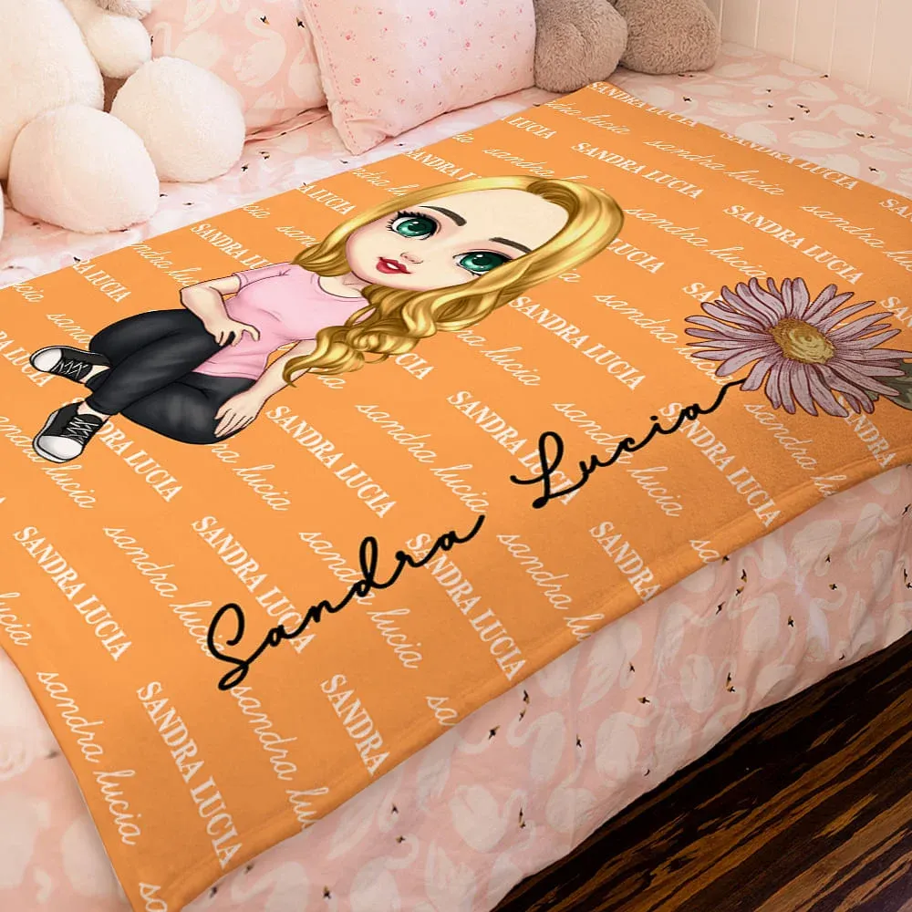 Personalized Multicolor Cute Cartoon Birth Flower Soft Throw Blanket with Name Birthday Christmas Gift for Boys Girls