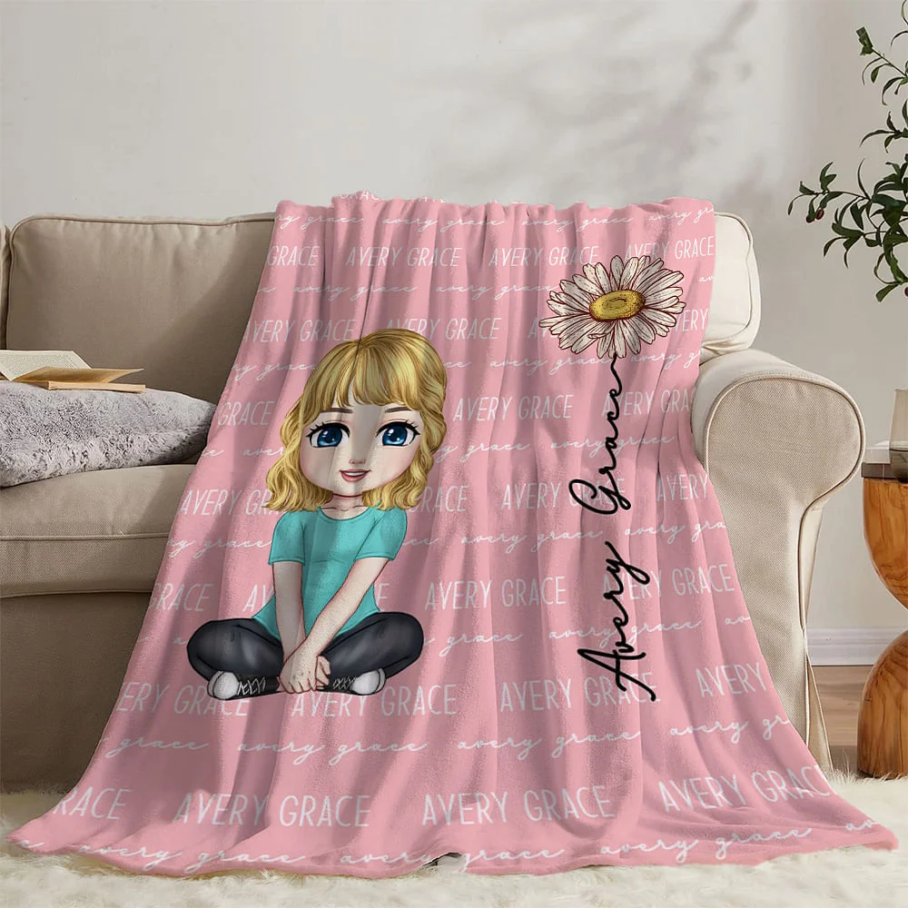 Personalized Multicolor Cute Cartoon Birth Flower Soft Throw Blanket with Name Birthday Christmas Gift for Boys Girls