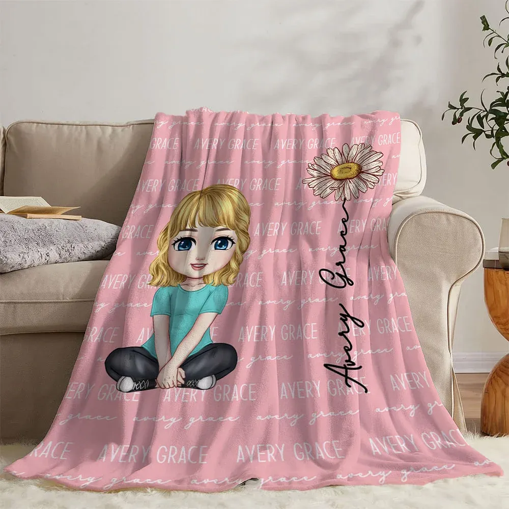 Personalized Multicolor Cute Cartoon Birth Flower Soft Throw Blanket with Name Birthday Christmas Gift for Boys Girls