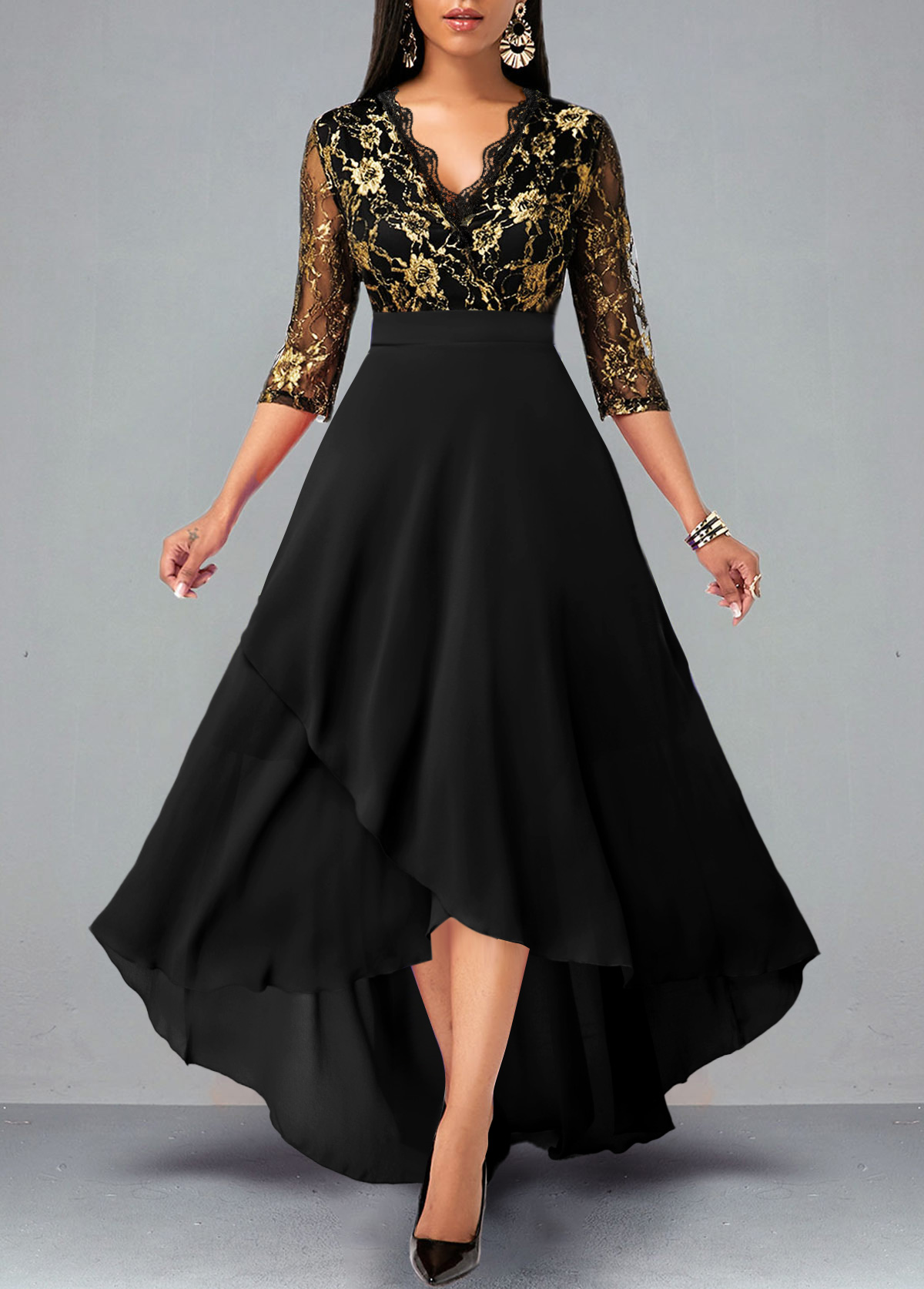 Rochie neagră cu dantelă florală mozaic