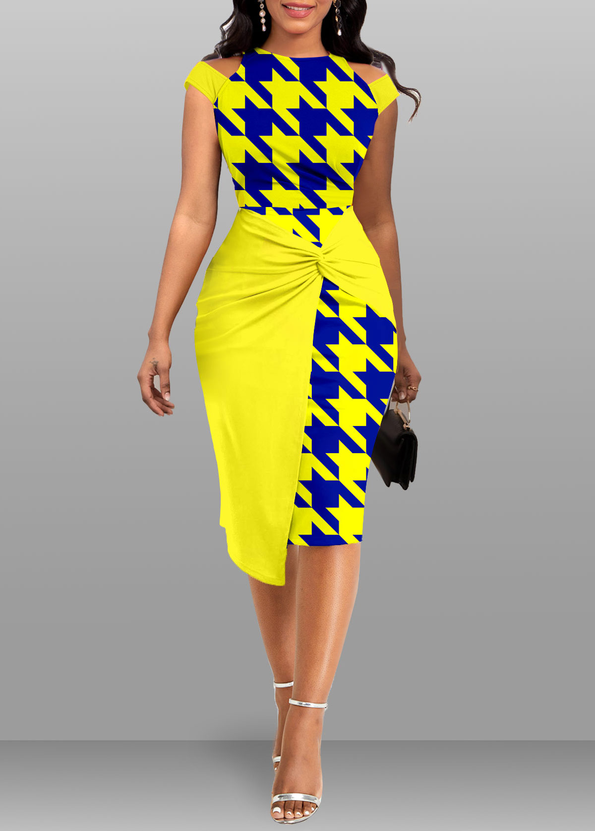 Geometric Print Twist Yellow Bodycon Round Neck Dress