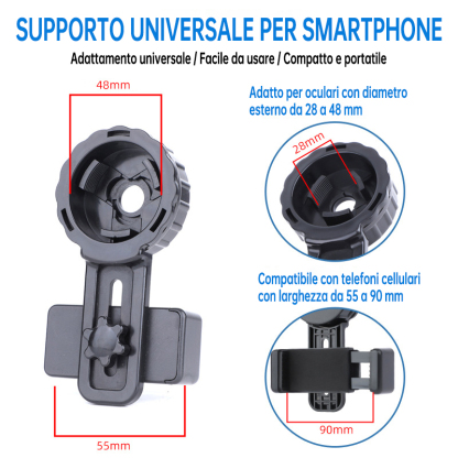 Supporto per smartphone per fotografia (Universale, adatto a diametro esterno da 28–48 mm)