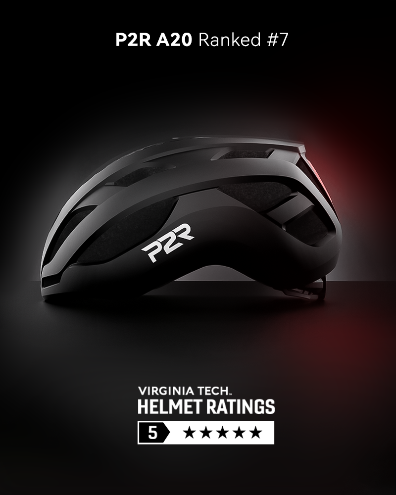 {"default":"P2R A20 cycling helmet side view showing Virginia Tech Helmet Ratings with a 5-star safety score and ranking number displayed."}
