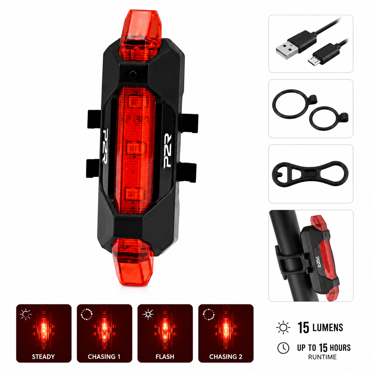 P2R PBL01 Rechargeable Bike Rear Safety Light – 4 Modes, 15 Lumens