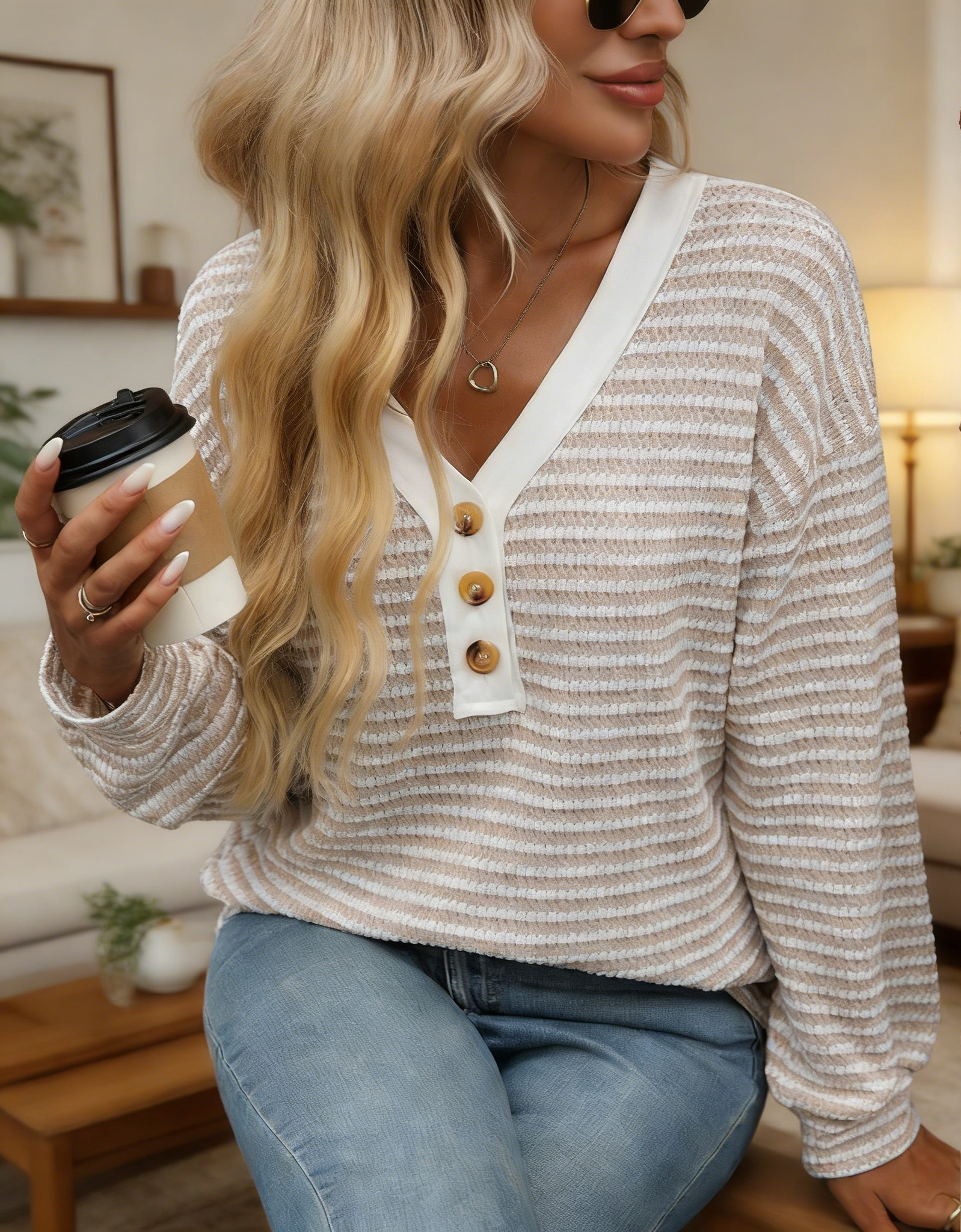 🎄Clearance Sale 🔥 Women's long-sleeved V-neck button-down waffle-knit shirt