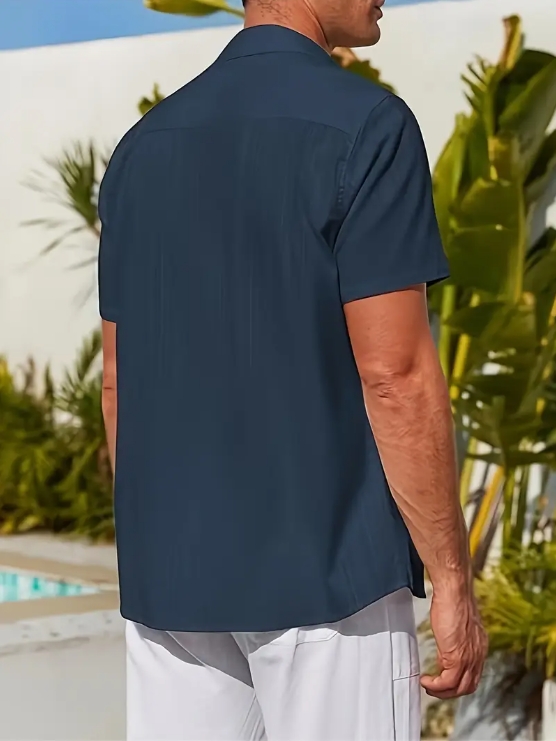 Men's casual cotton striped jacquard beach short-sleeve shirt