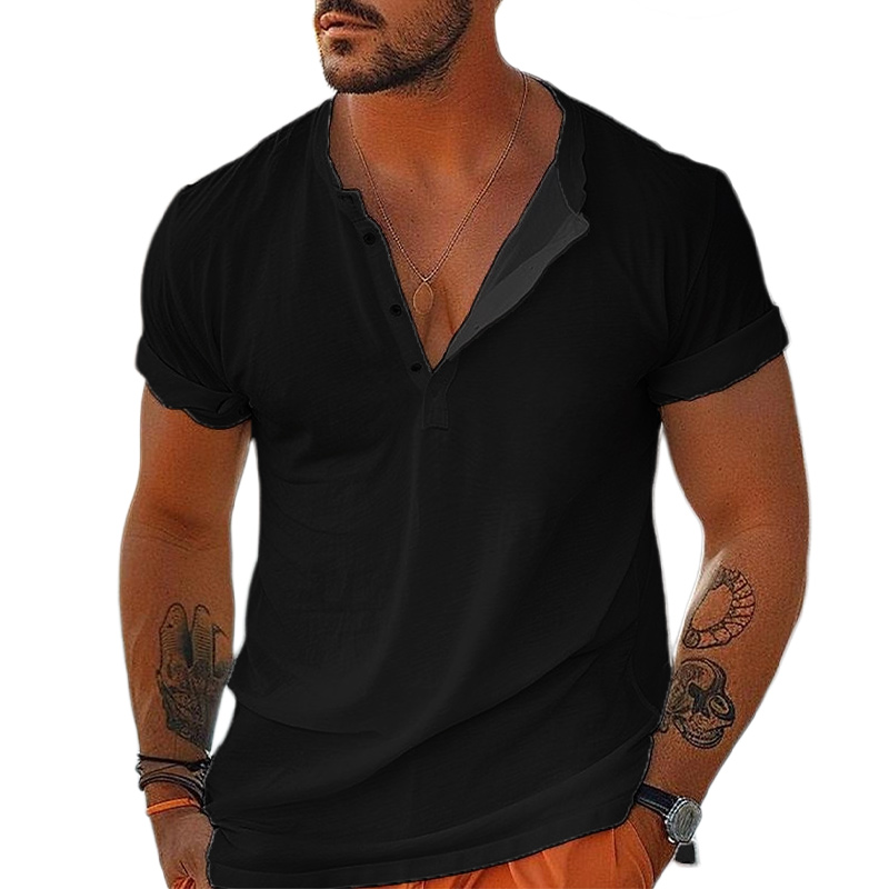 Men's Cotton Henley Vacation Short Sleeve T-Shirt