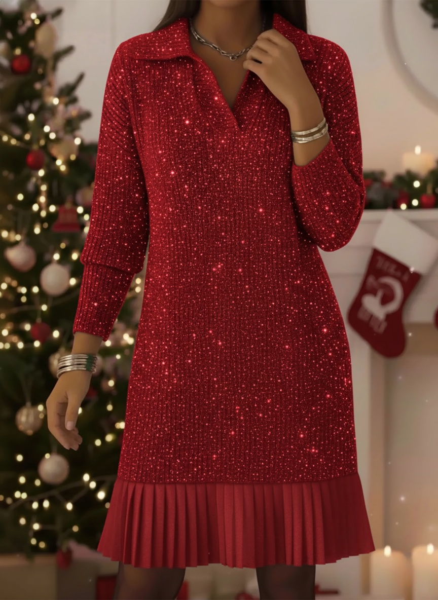CLEARANCE SALE🔥Women's Elegant Polo Neck Shimmering Knit Dress