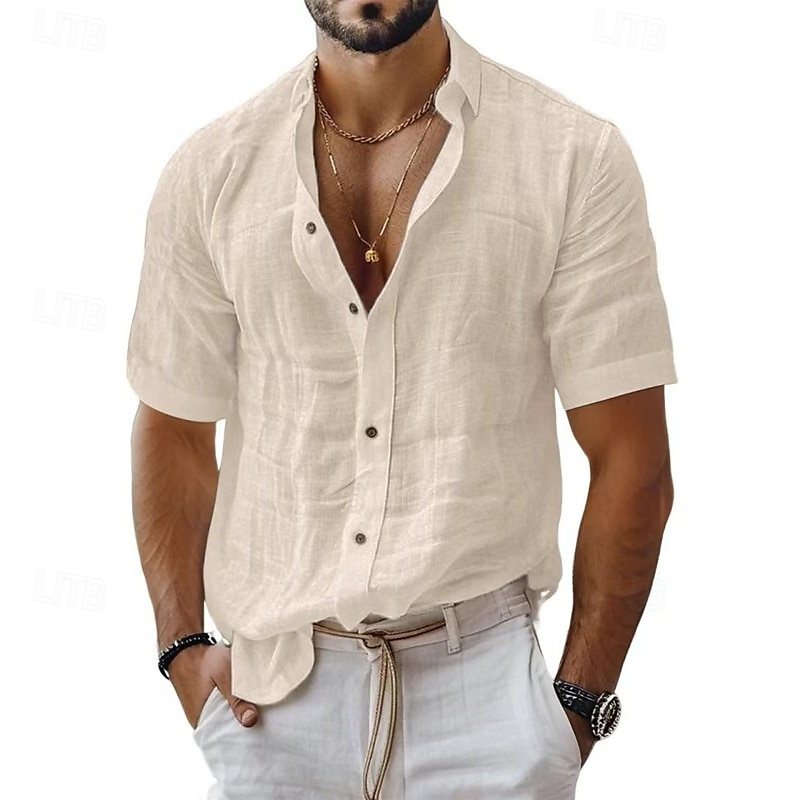 Men's Shirt Linen Shirt Casual Shirt Button Up Shirt Cotton Shirt Plain Vacation Street Black White Light Green Pink Short Sleeve Turndown Summer Clothing Apparel 2025 - $23.99 –P10