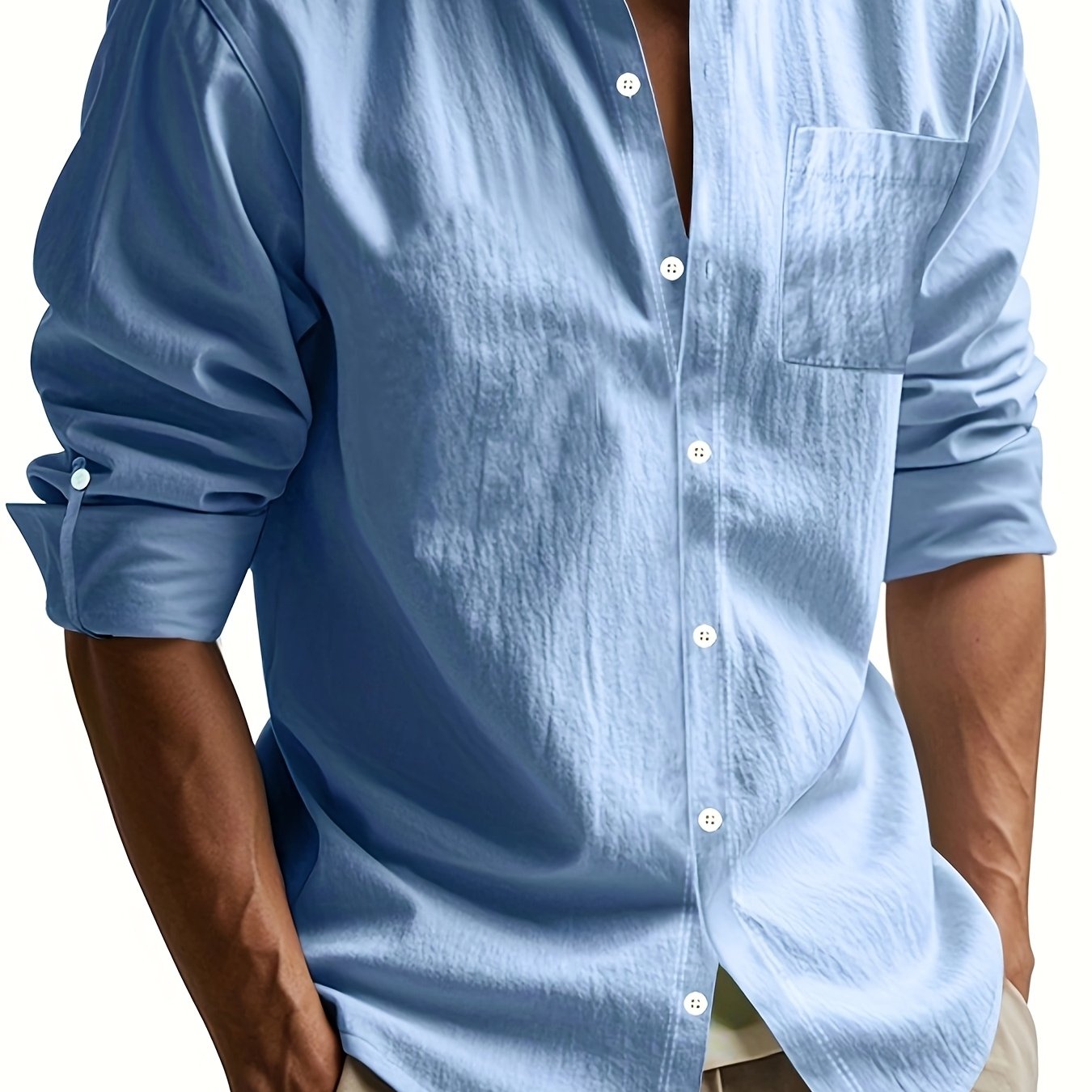 Linen Casual Stand Collar Long Sleeve Breathable Pocket Button Shirt for Men