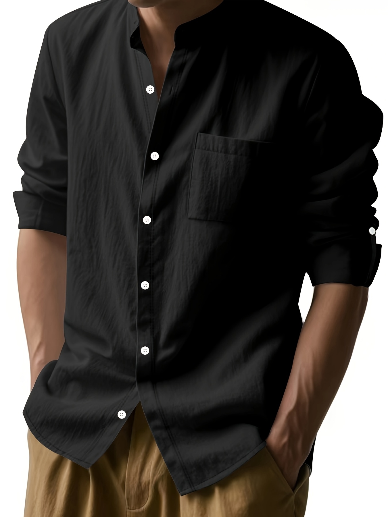 Linen Casual Stand Collar Long Sleeve Breathable Pocket Button Shirt for Men