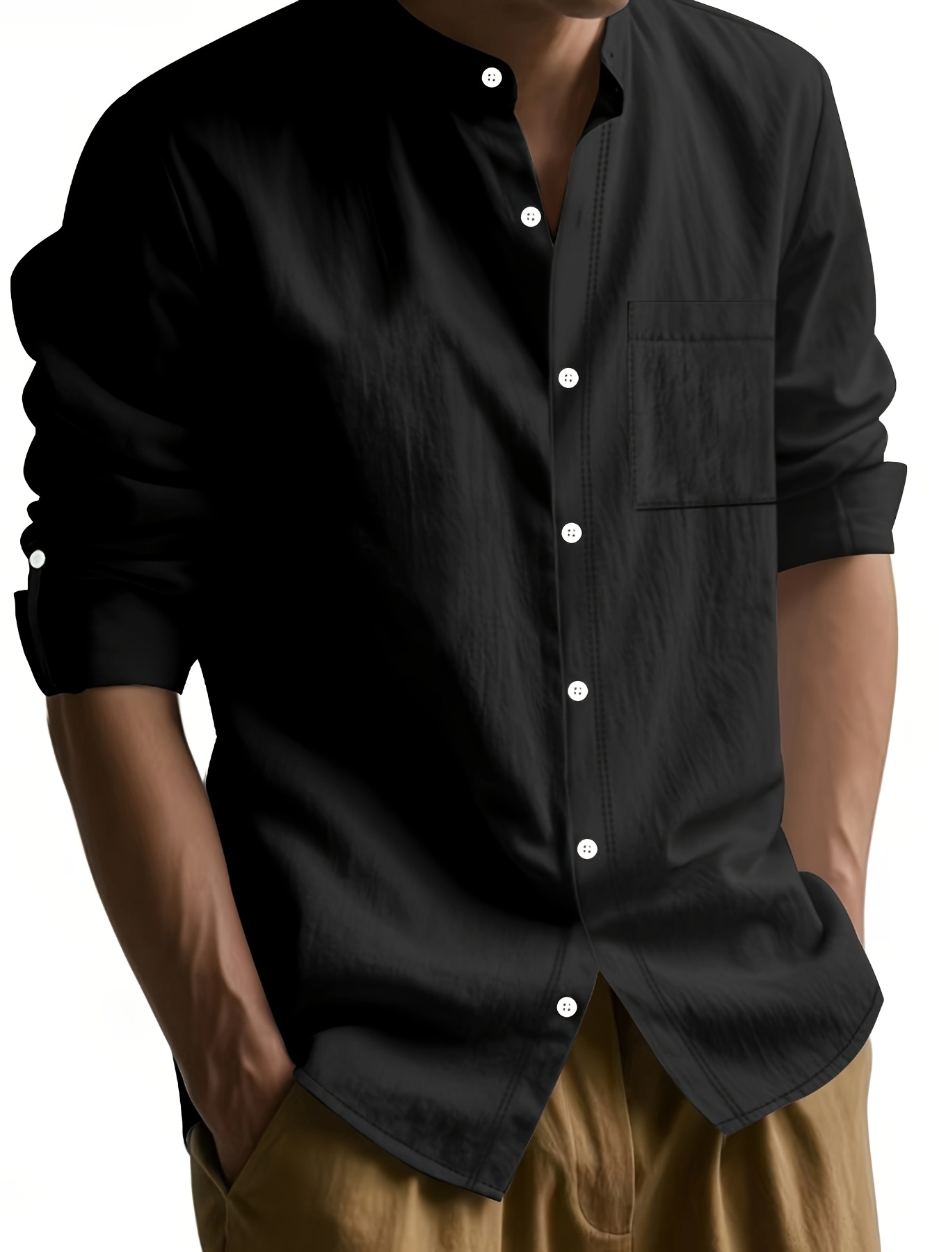 Linen Casual Stand Collar Long Sleeve Breathable Pocket Button Shirt for Men