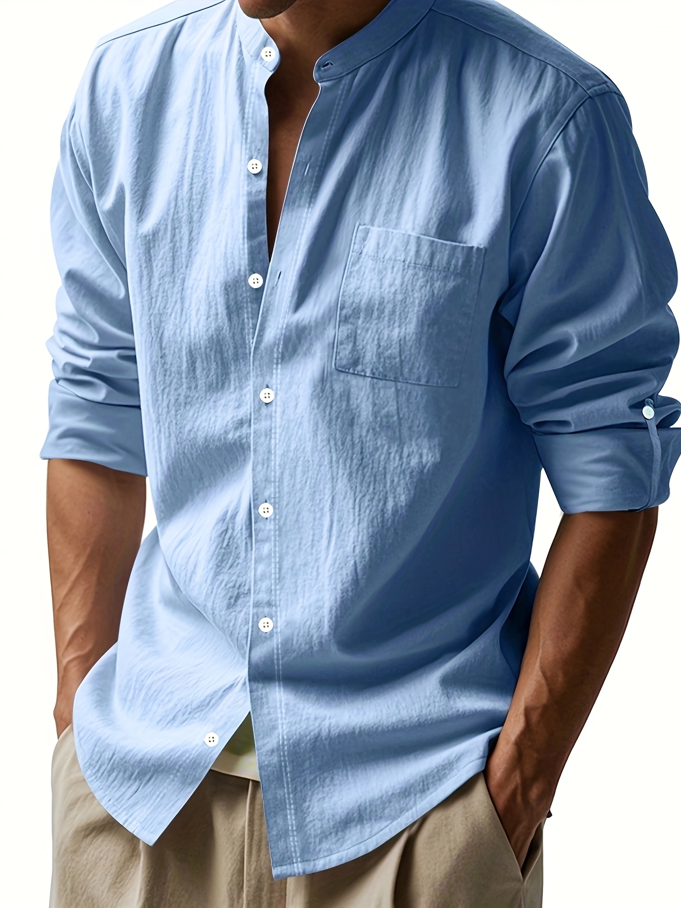 Linen Casual Stand Collar Long Sleeve Breathable Pocket Button Shirt for Men
