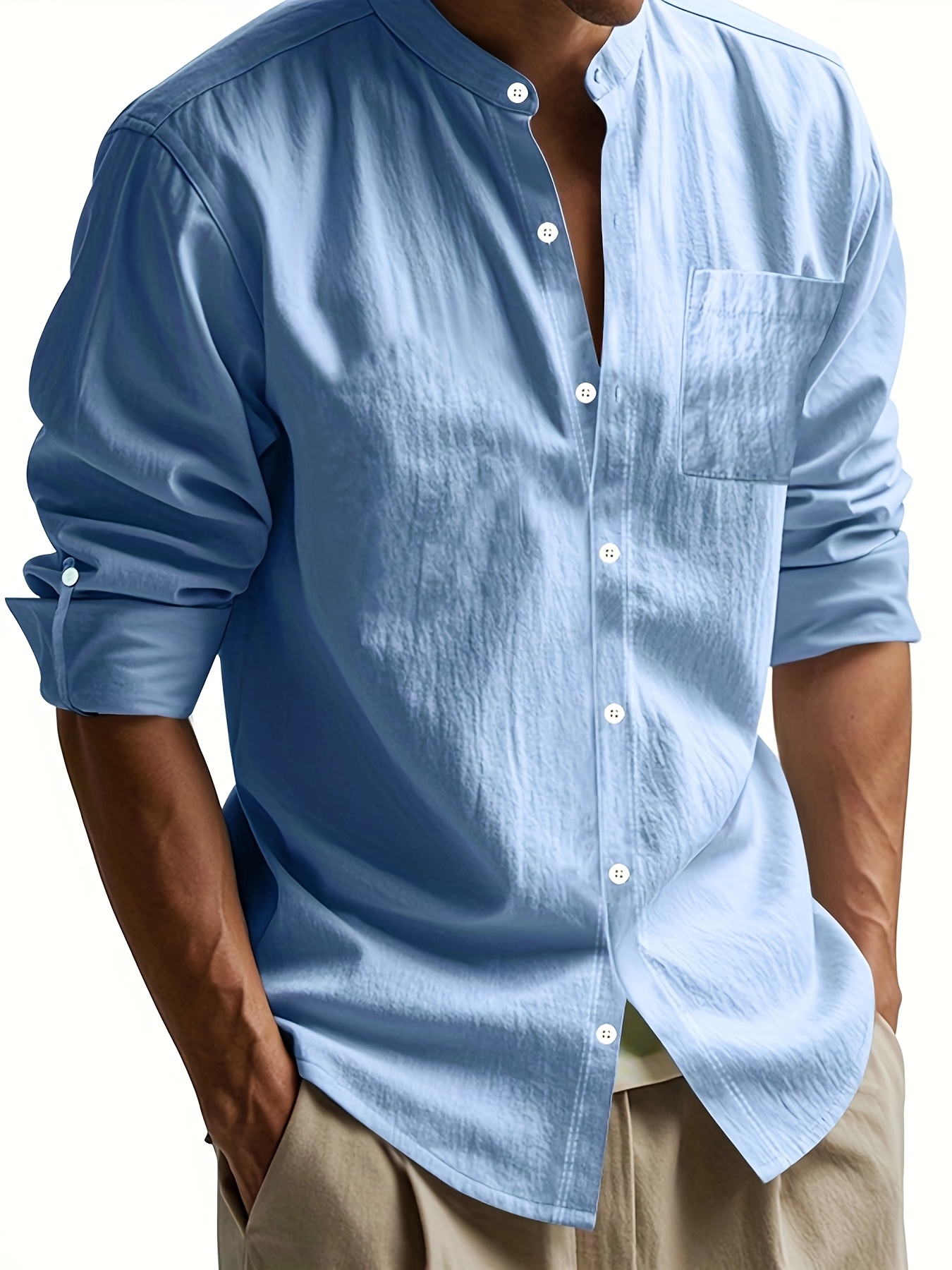 Linen Casual Stand Collar Long Sleeve Breathable Pocket Button Shirt for Men