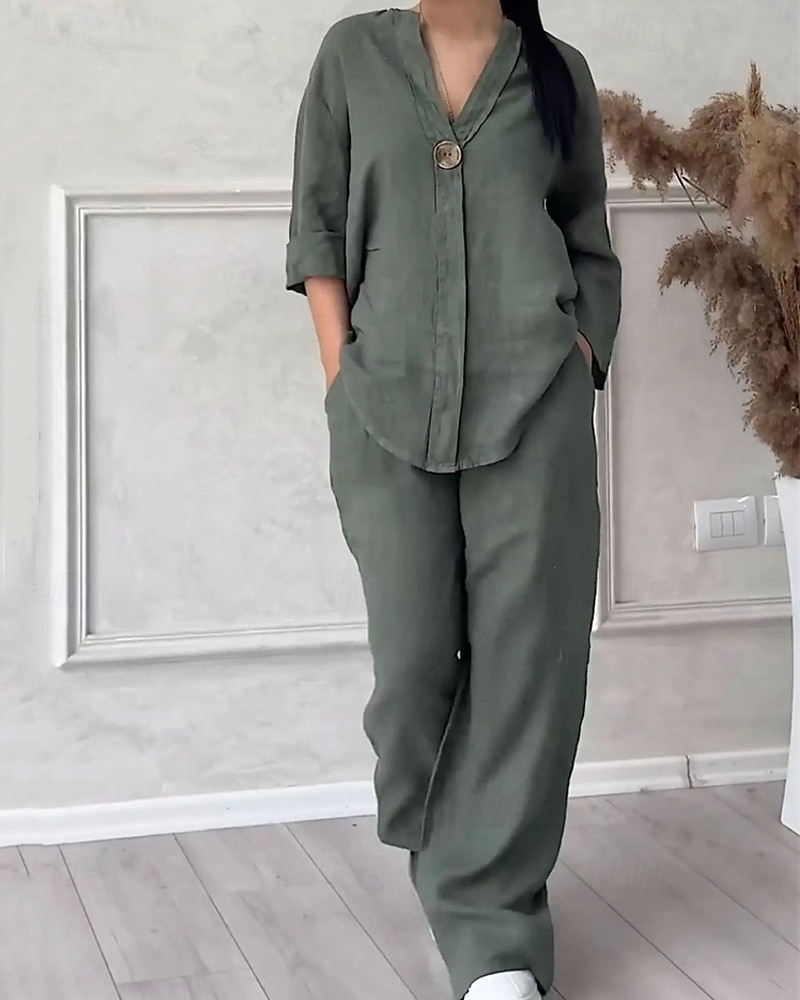 Women's Fashion Streetwear Shirt Cotton Linen Sets Two Piece Sets Linen Pants Pants Trousers Set Long Sleeve V Neck Solid Color Drawstring Daily Wear Date Black White Pink Spring Regular Fit 2025 - $26.99 –P8