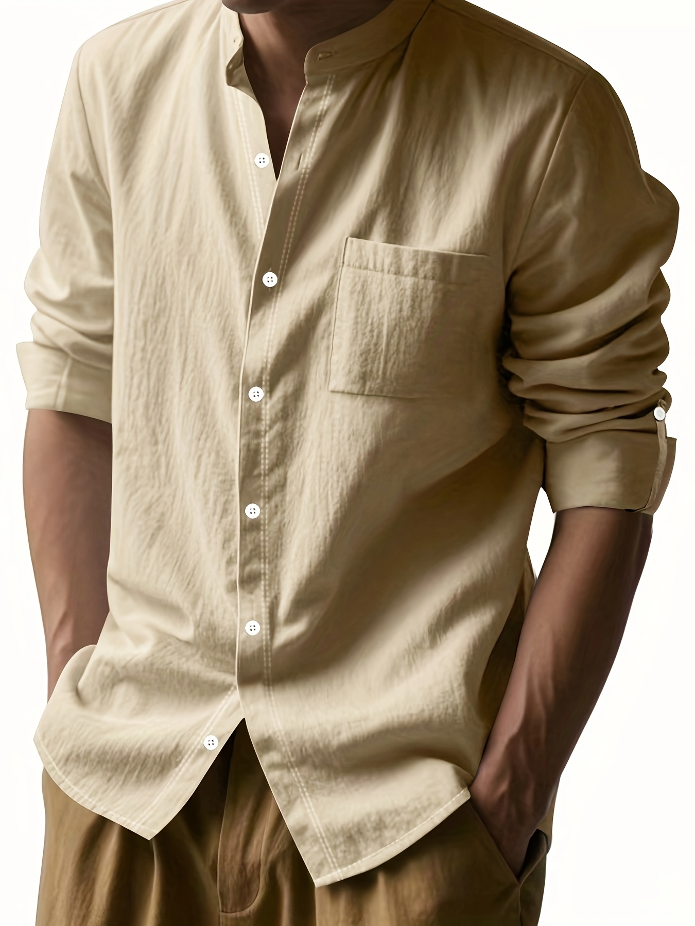 Linen Casual Stand Collar Long Sleeve Breathable Pocket Button Shirt for Men