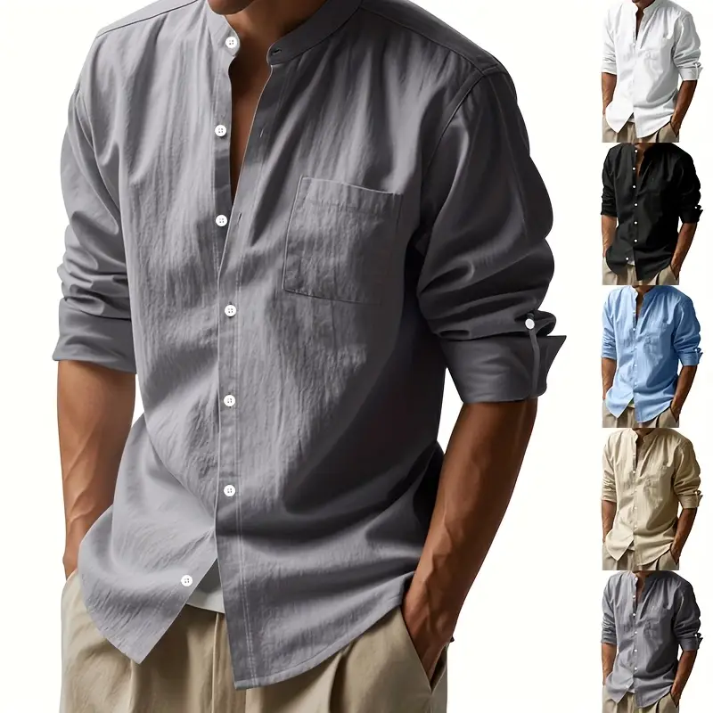 linen casual stand collar long sleeve breathable pocket button shirt for men   details 5