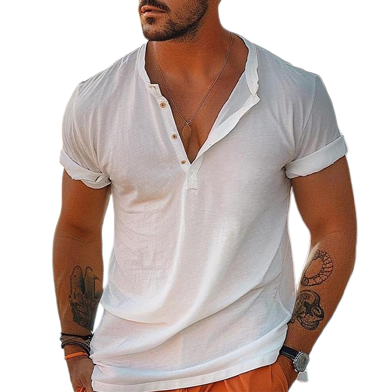 Men's Cotton Henley Vacation Short Sleeve T-Shirt