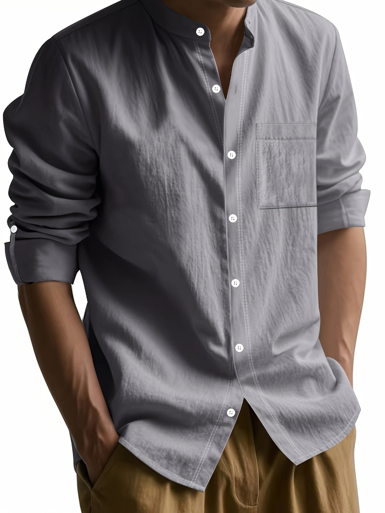 Linen Casual Stand Collar Long Sleeve Breathable Pocket Button Shirt for Men