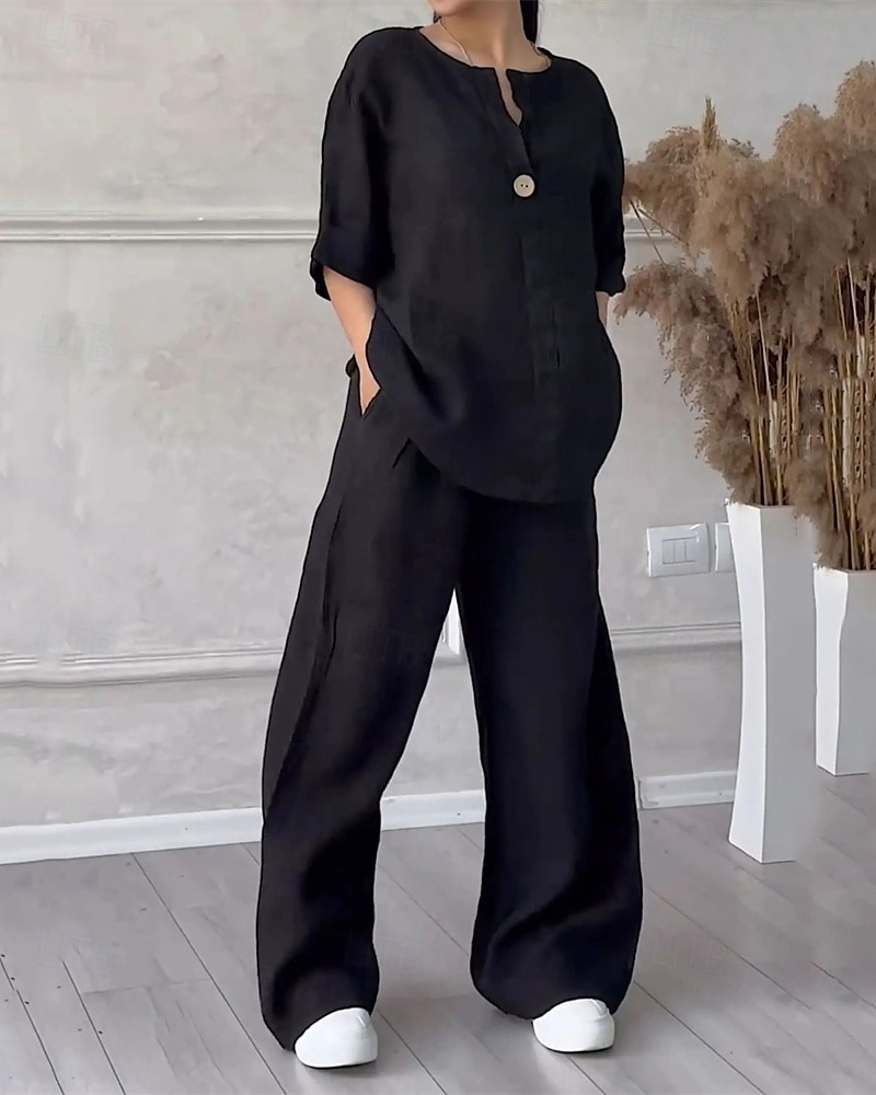 Women's Fashion Streetwear Shirt Cotton Linen Sets Two Piece Sets Linen Pants Pants Trousers Set Long Sleeve V Neck Solid Color Drawstring Daily Wear Date Black White Pink Spring Regular Fit 2025 - $26.99 –P7