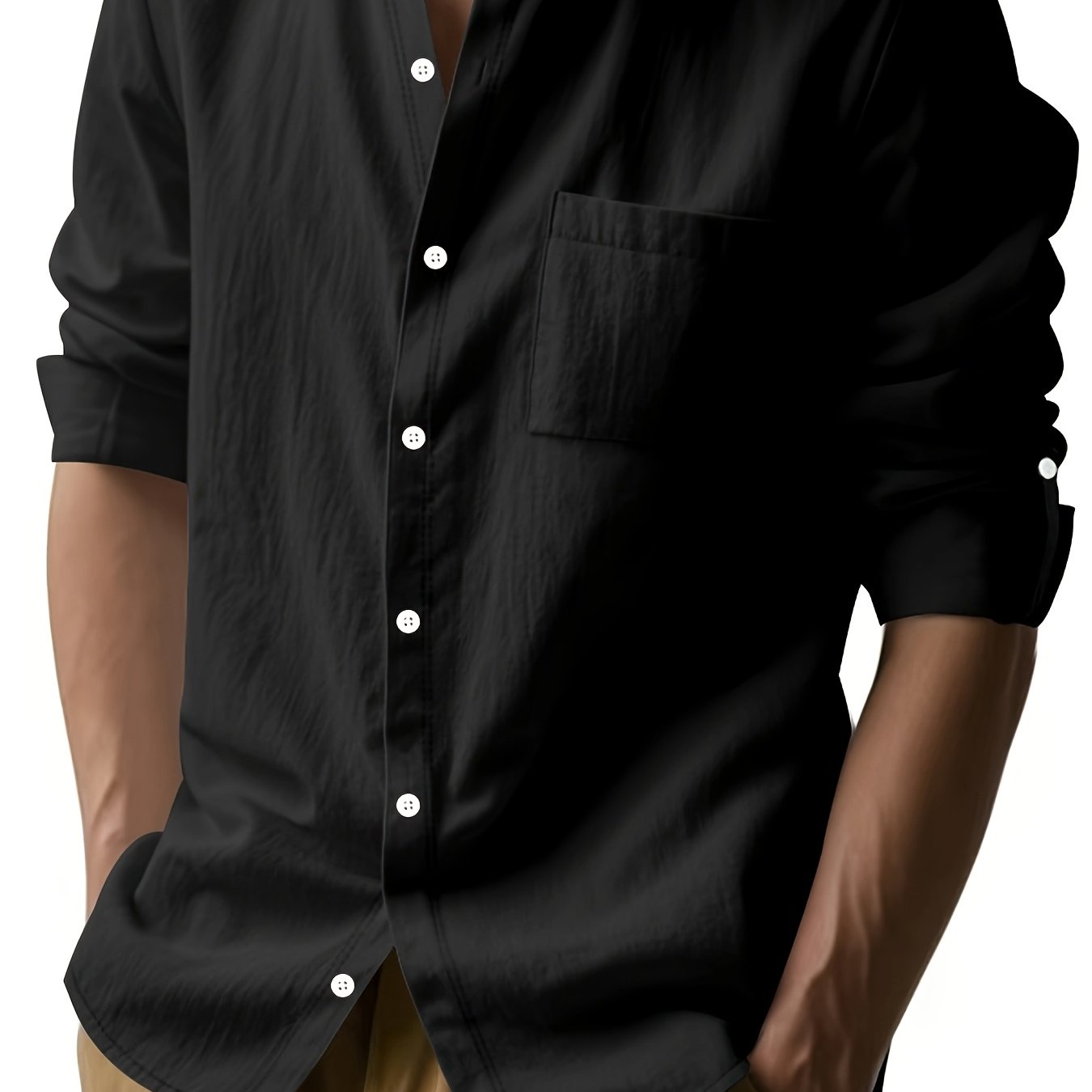 Linen Casual Stand Collar Long Sleeve Breathable Pocket Button Shirt for Men