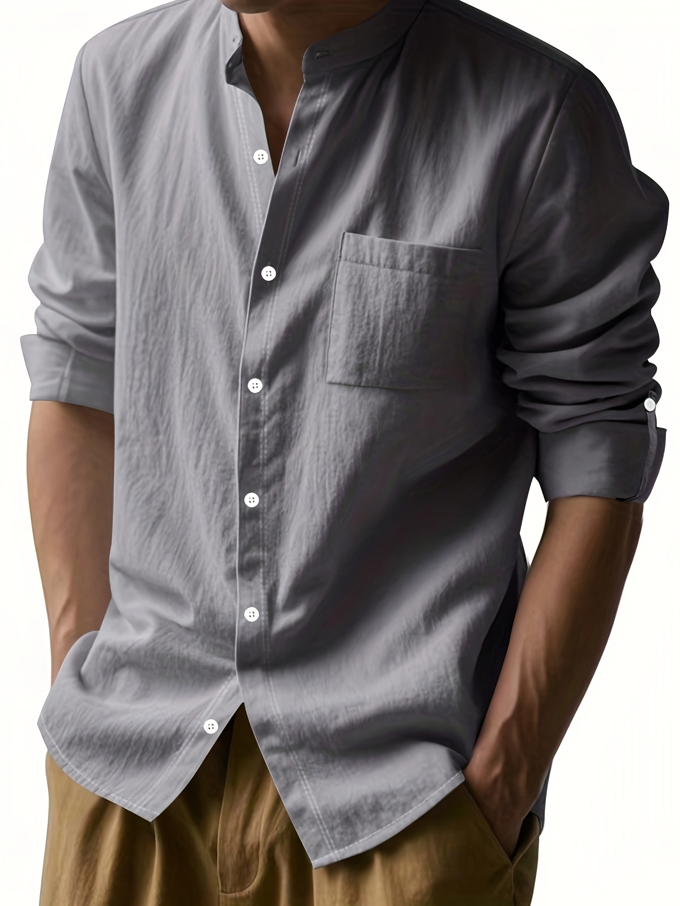 Linen Casual Stand Collar Long Sleeve Breathable Pocket Button Shirt for Men