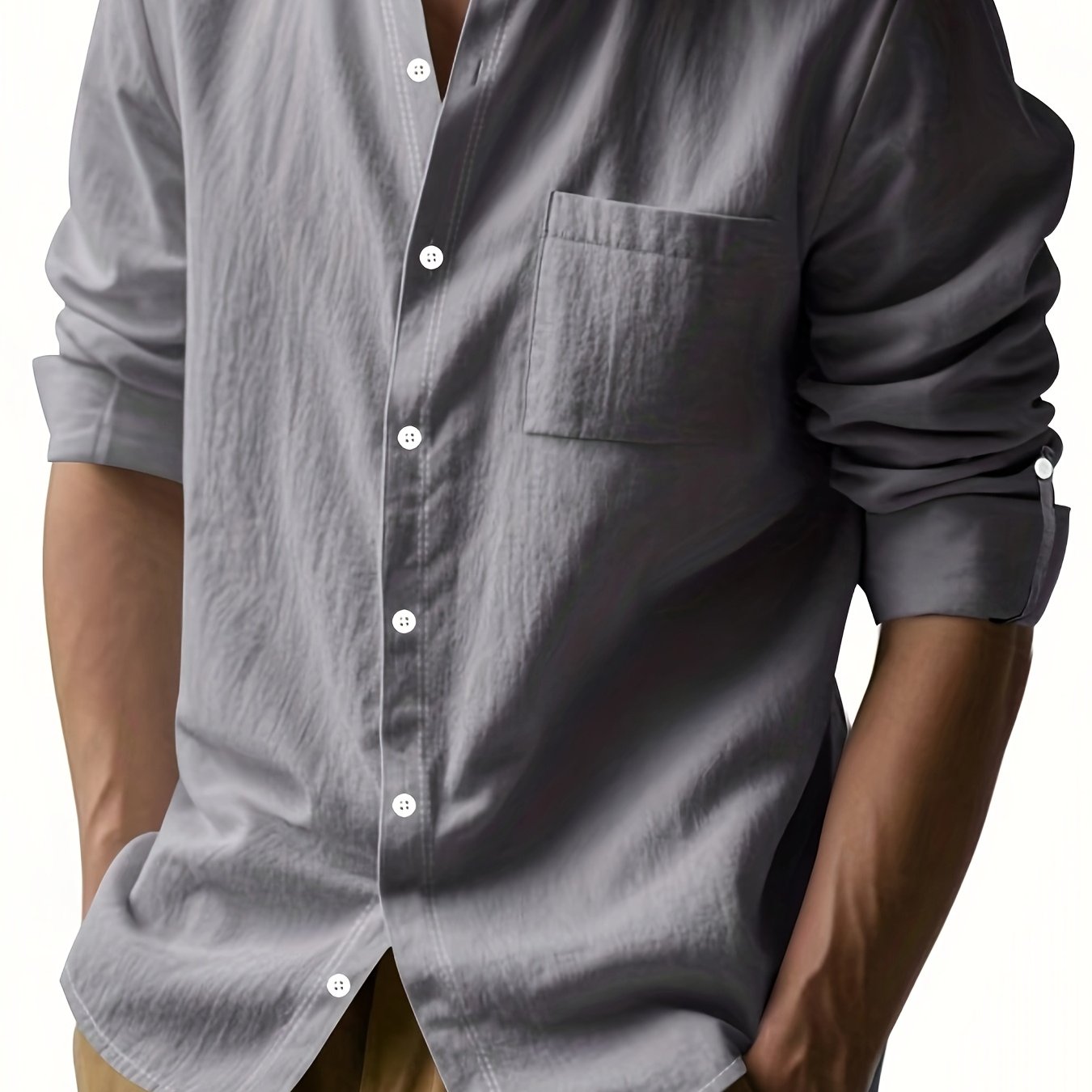 Linen Casual Stand Collar Long Sleeve Breathable Pocket Button Shirt for Men