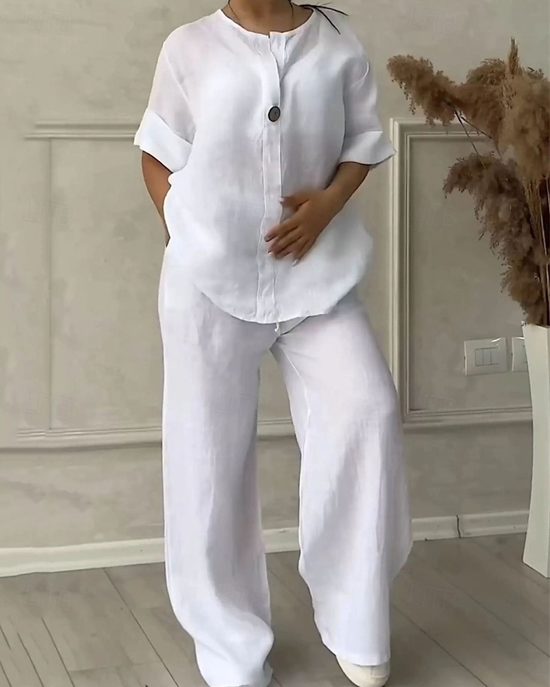 Women's Fashion Streetwear Shirt Cotton Linen Sets Two Piece Sets Linen Pants Pants Trousers Set Long Sleeve V Neck Solid Color Drawstring Daily Wear Date Black White Pink Spring Regular Fit 2025 - $26.99 –P2